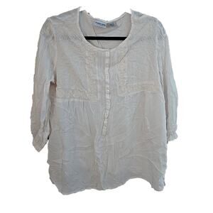 Chico's White Embroidered 3/4 Sleeve Boho Peasant Casual Top Womens Size 2 LG